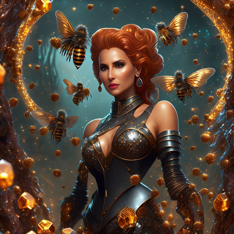 Digital art: Woman with orange hair, bees, honeycombs, mystical glow, bronze tones