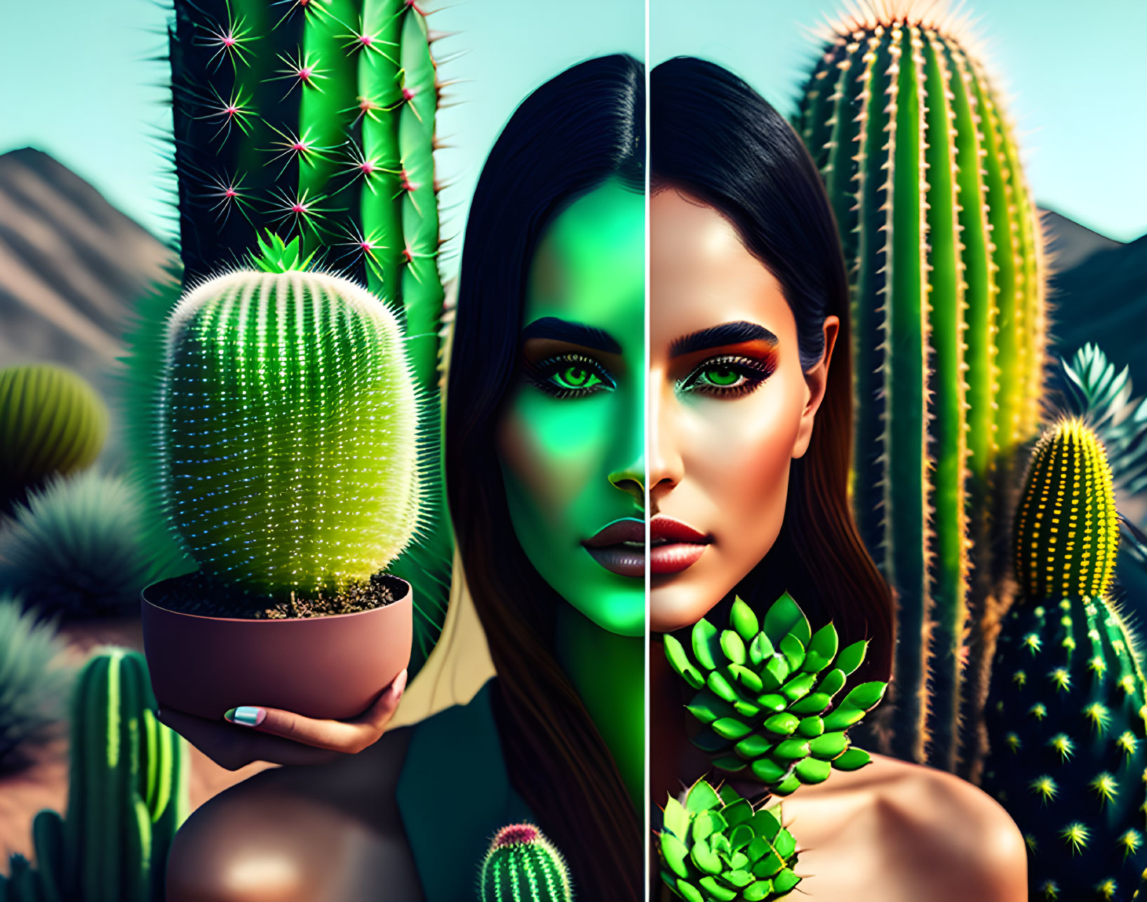 Composite Image: Woman's Face Blended with Vibrant Cacti and Desert Background