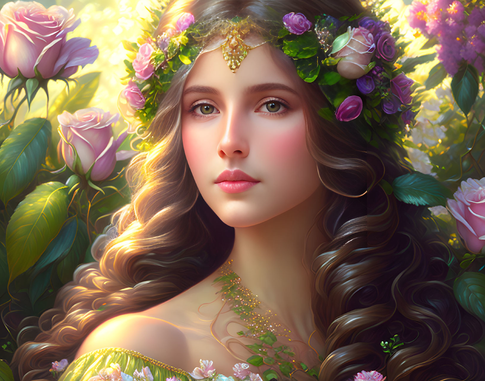 Woman with Floral Crown and Serene Expression Surrounded by Blooming Flowers