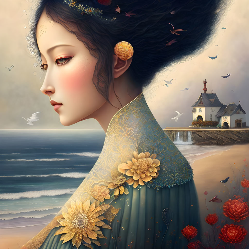 Detailed portrait of a woman with golden hair accessories and surreal coastal landscape