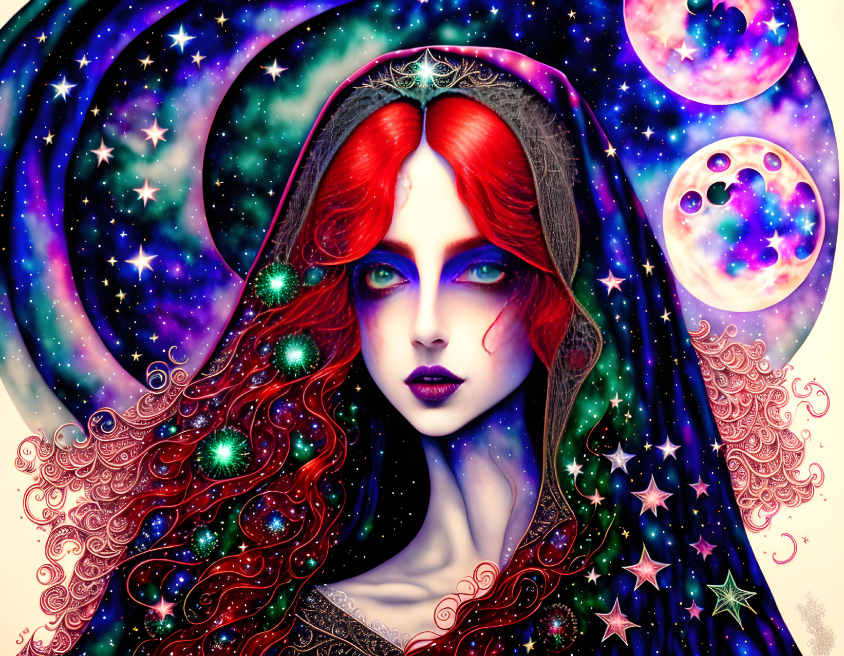 Vibrant red-haired woman in mystical cosmic illustration