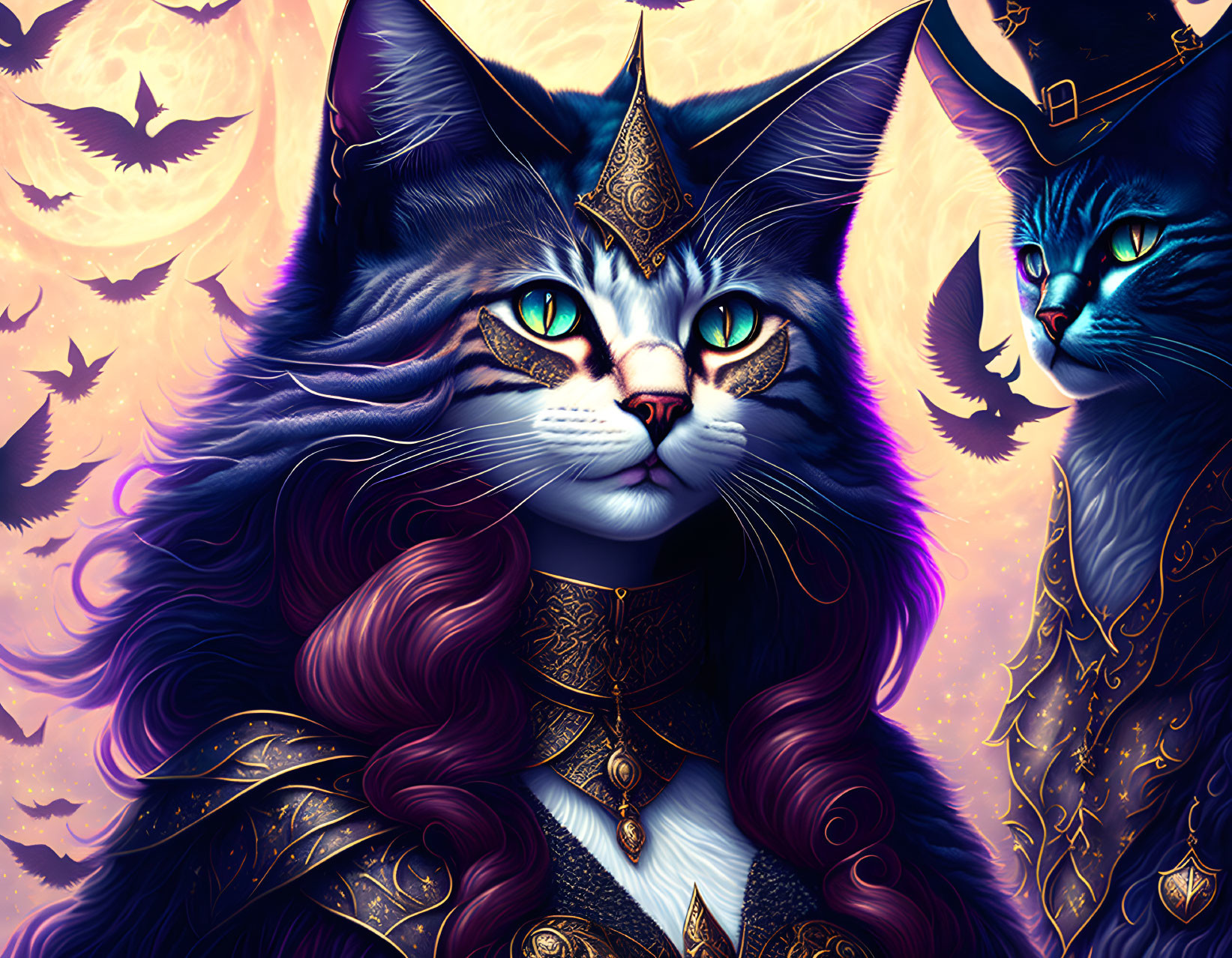 Fantasy-themed artwork of regal cats in twilight setting