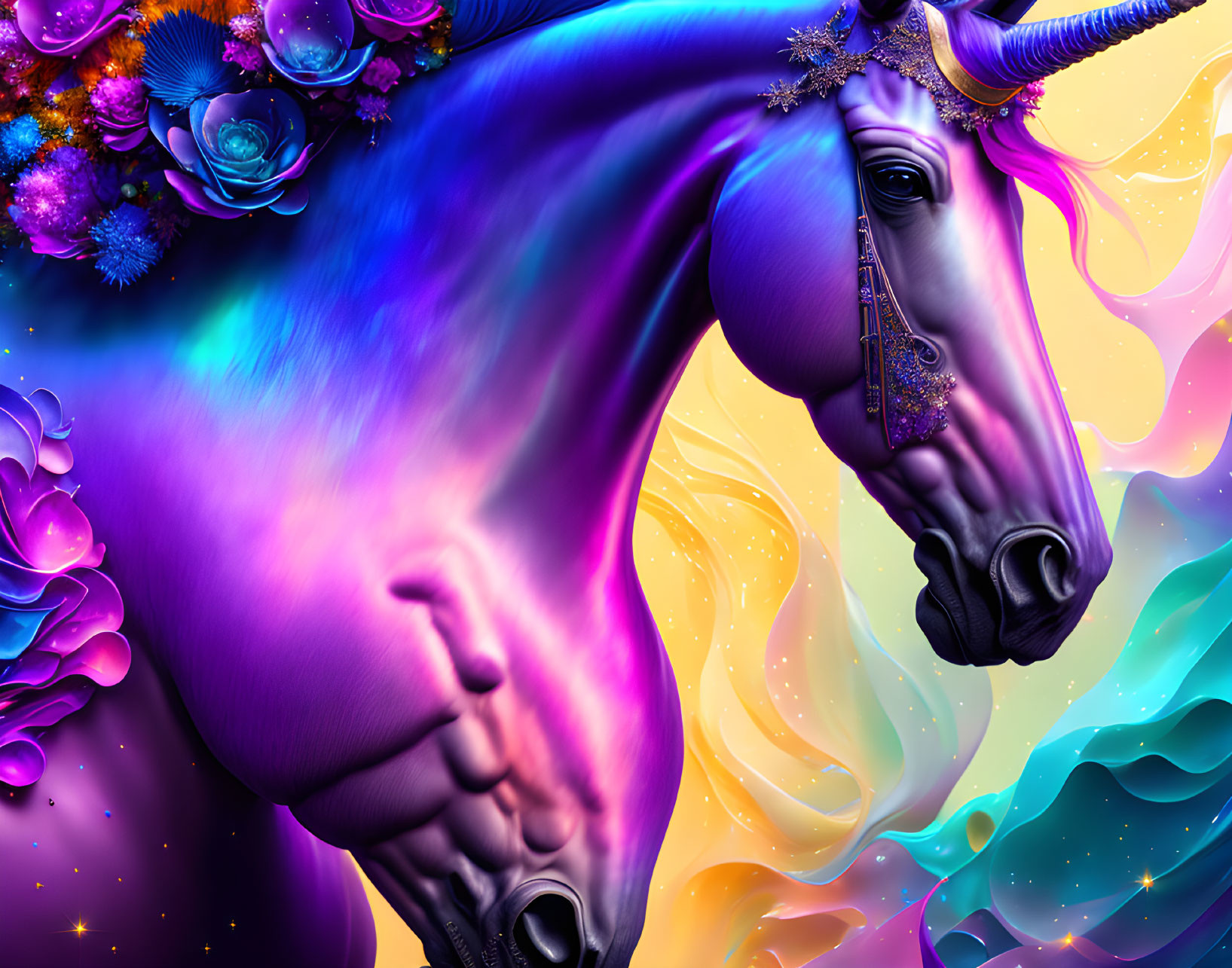 Colorful Unicorn Artwork with Flowers and Ornamental Details