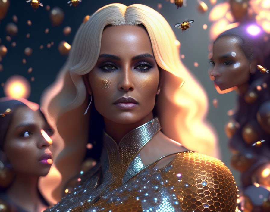 Blonde Woman with Golden Makeup Surrounded by Metallic Figures in Sci-Fi Digital Art