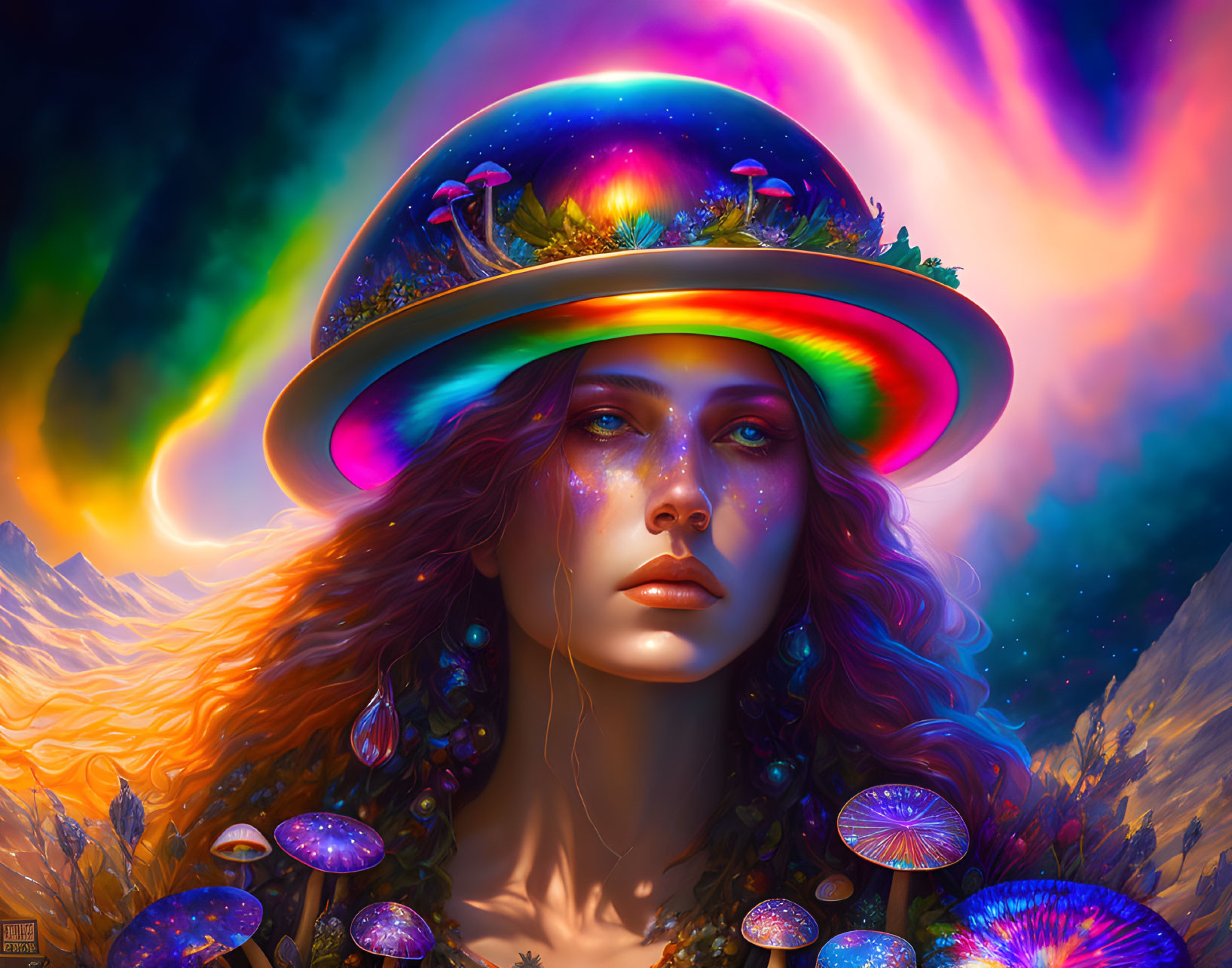 Surreal portrait of woman with cosmic-themed hat against vibrant neon skies