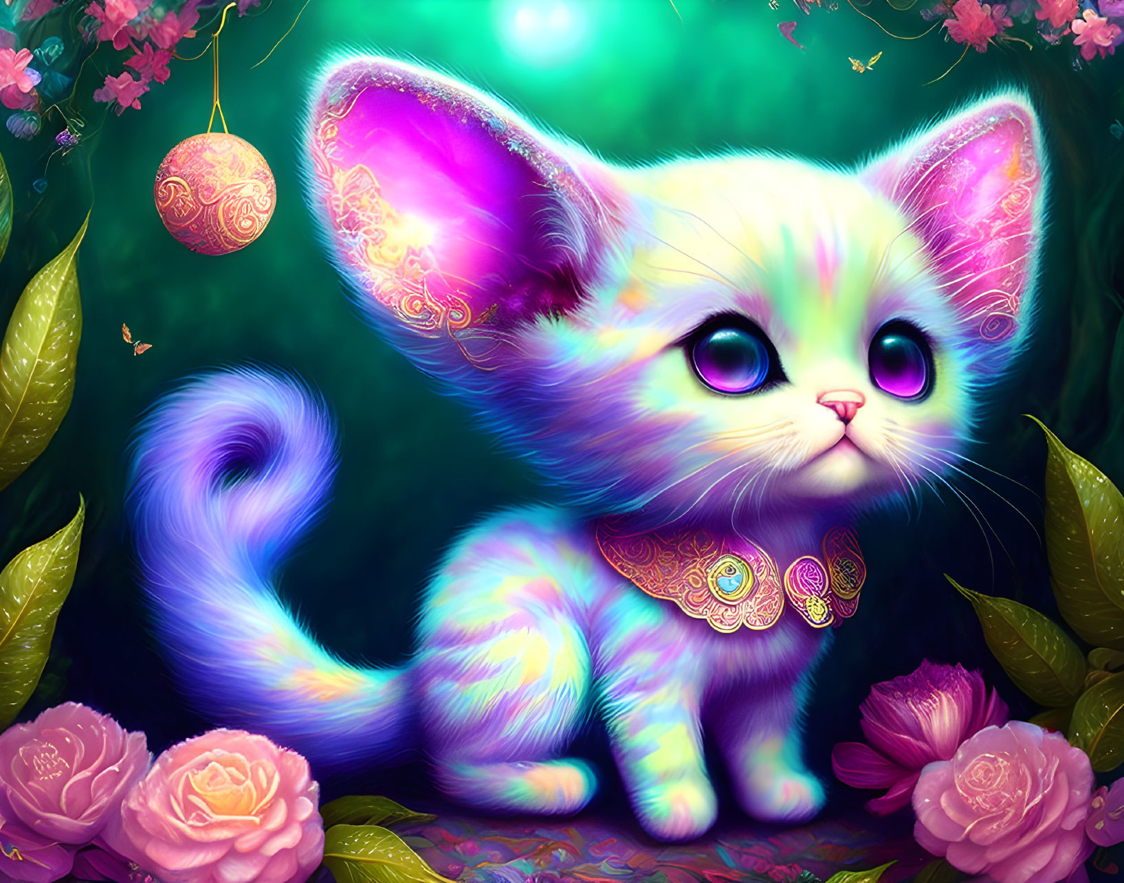 Fantasy kitten with purple fur and blue eyes among pink roses