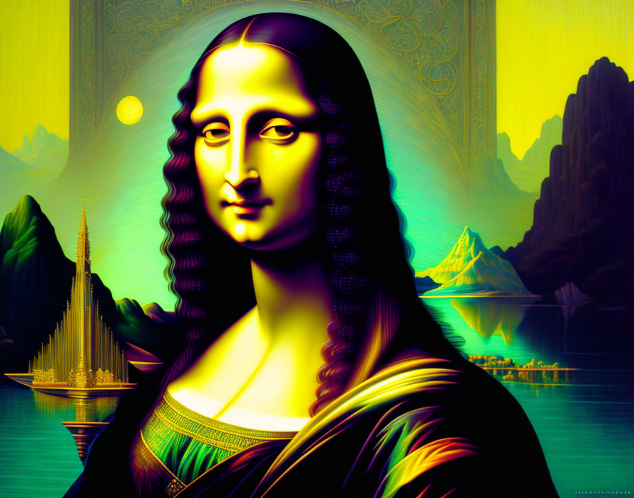 Colorful Psychedelic Mona Lisa in Fantasy Landscape