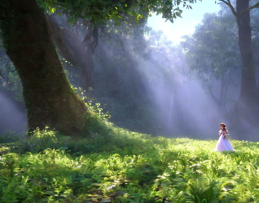 Tranquil forest landscape with girl in pink dress among sunlit trees