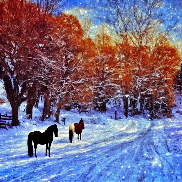 Two horses in snowy landscape with vibrant reddish-orange trees