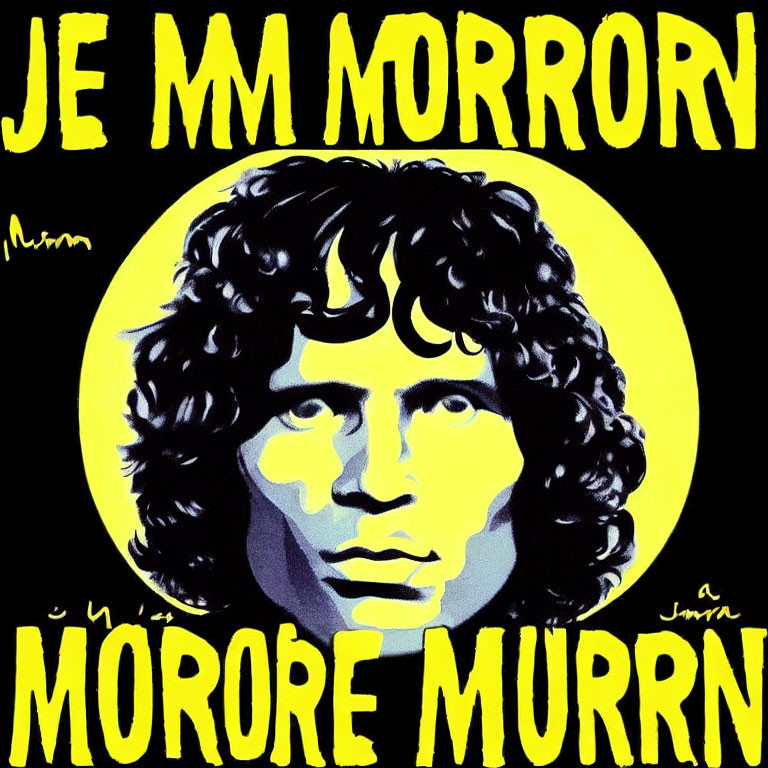 Stylized portrait of curly-haired person in yellow and black with repetitive lettering