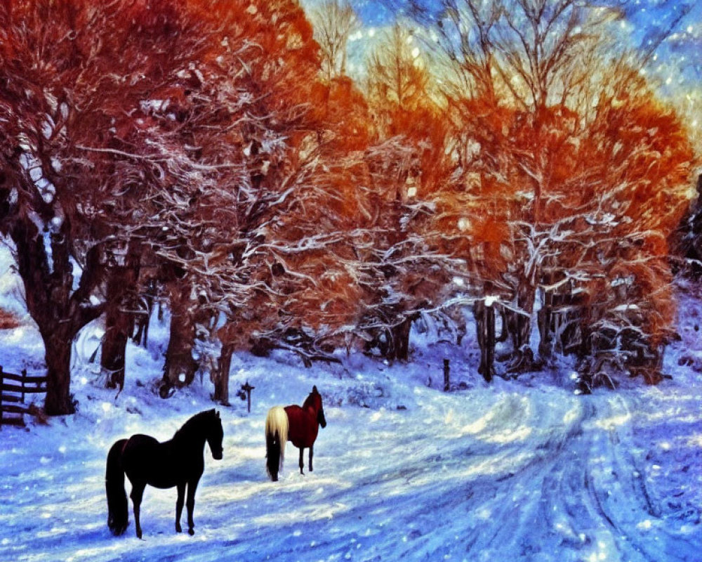 Two horses in snowy landscape with vibrant reddish-orange trees