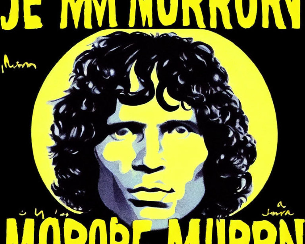 Stylized portrait of curly-haired person in yellow and black with repetitive lettering