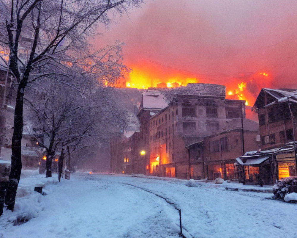 Snow-covered night street with trees and buildings under orange-glowing sky.