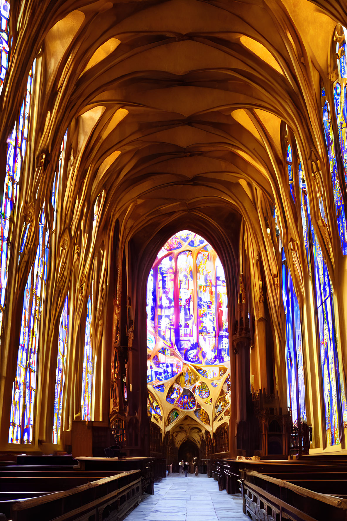 Gothic Cathedral Interior with Arched Ceilings and Stained Glass Windows