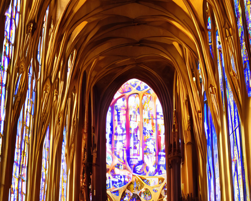 Gothic Cathedral Interior with Arched Ceilings and Stained Glass Windows