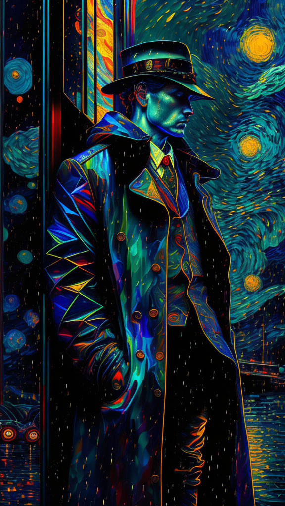 Colorful illustration of person in trench coat and fedora with swirling patterns.