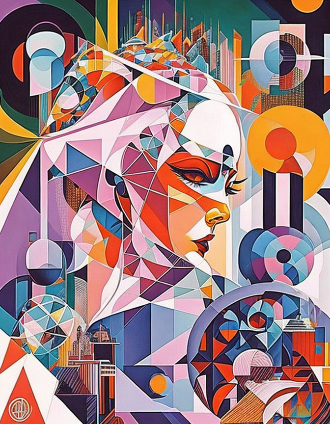 Abstract Woman's Face Illustration with Geometric Shapes and Cityscape Theme