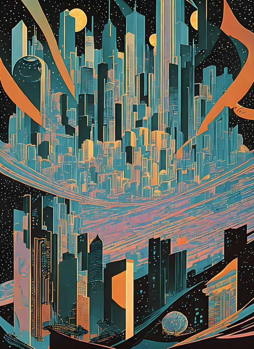 Vibrant futuristic cityscape with skyscrapers and celestial bodies in blue, orange, and yellow