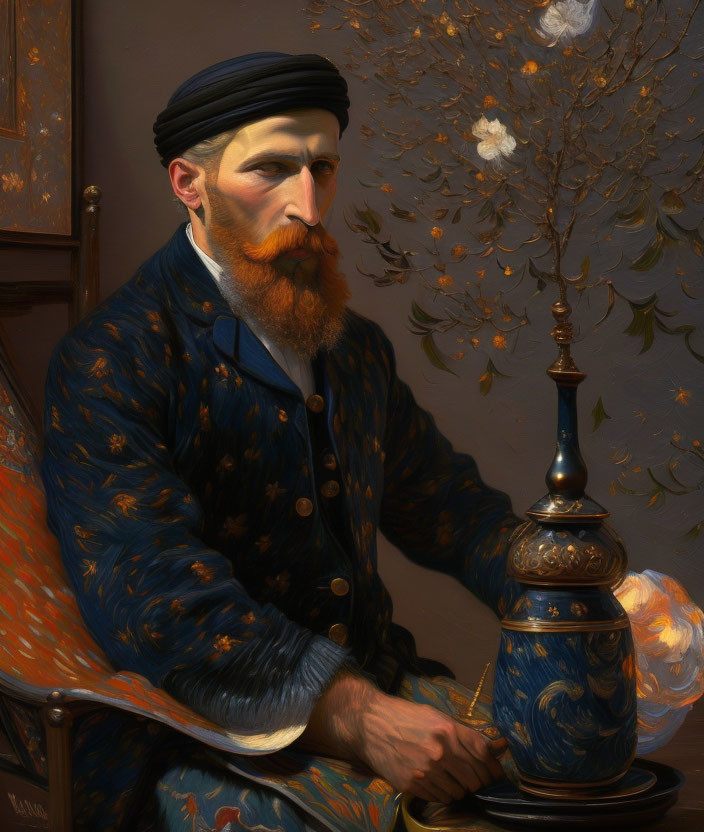 Bearded man in blue robe sitting by table with vase in serene pose