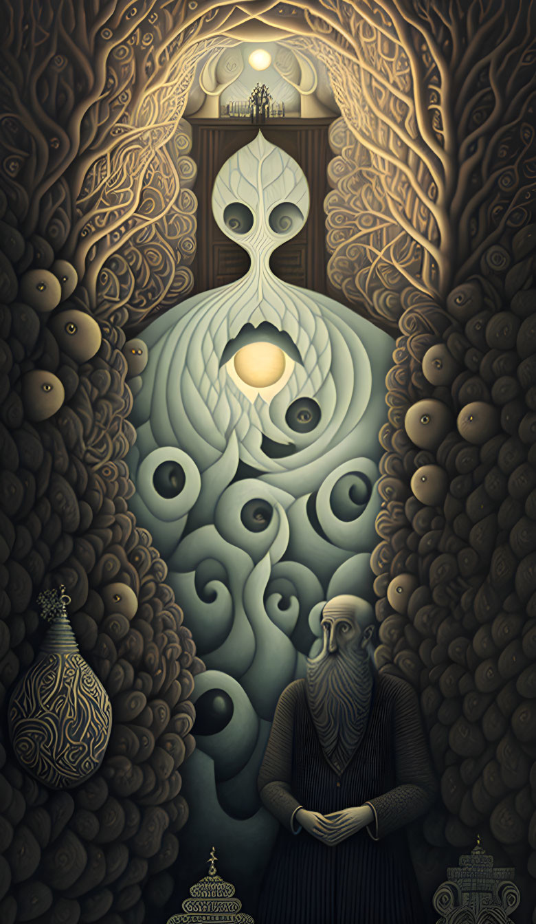 Bearded figure in robe under tree with surreal patterns and orbs