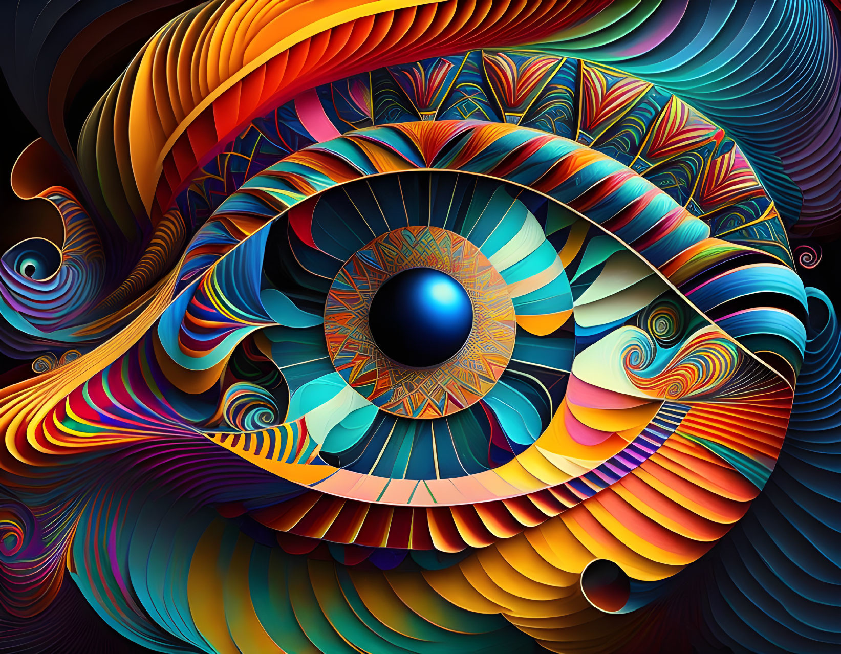 Vibrant digital artwork of stylized eye in blue, orange, and red