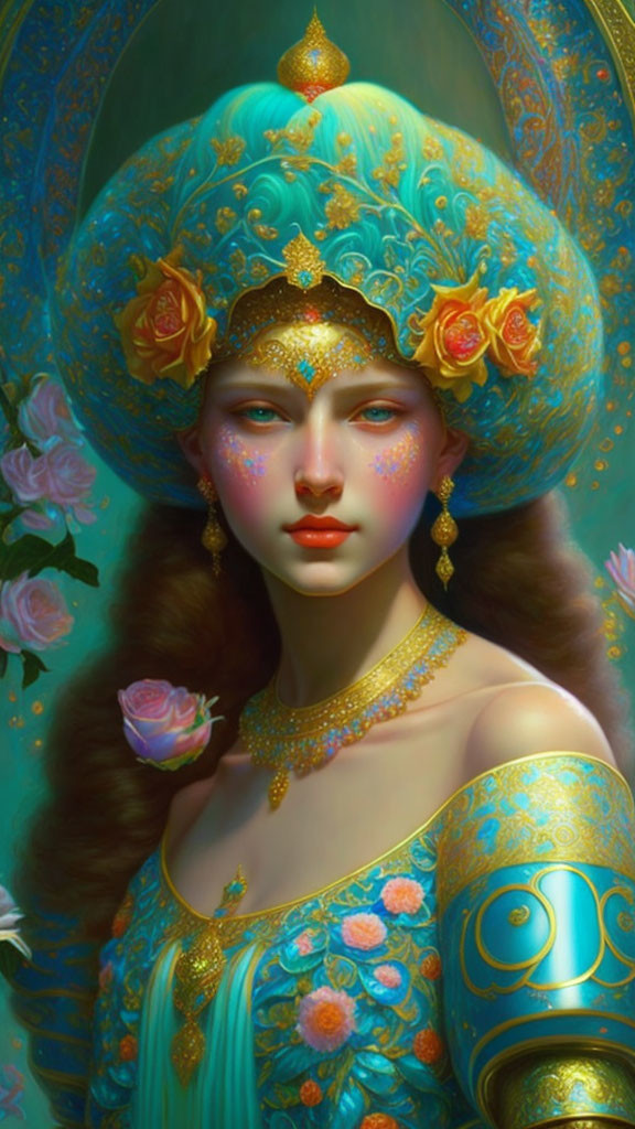 Ornate blue and gold headdress woman digital artwork