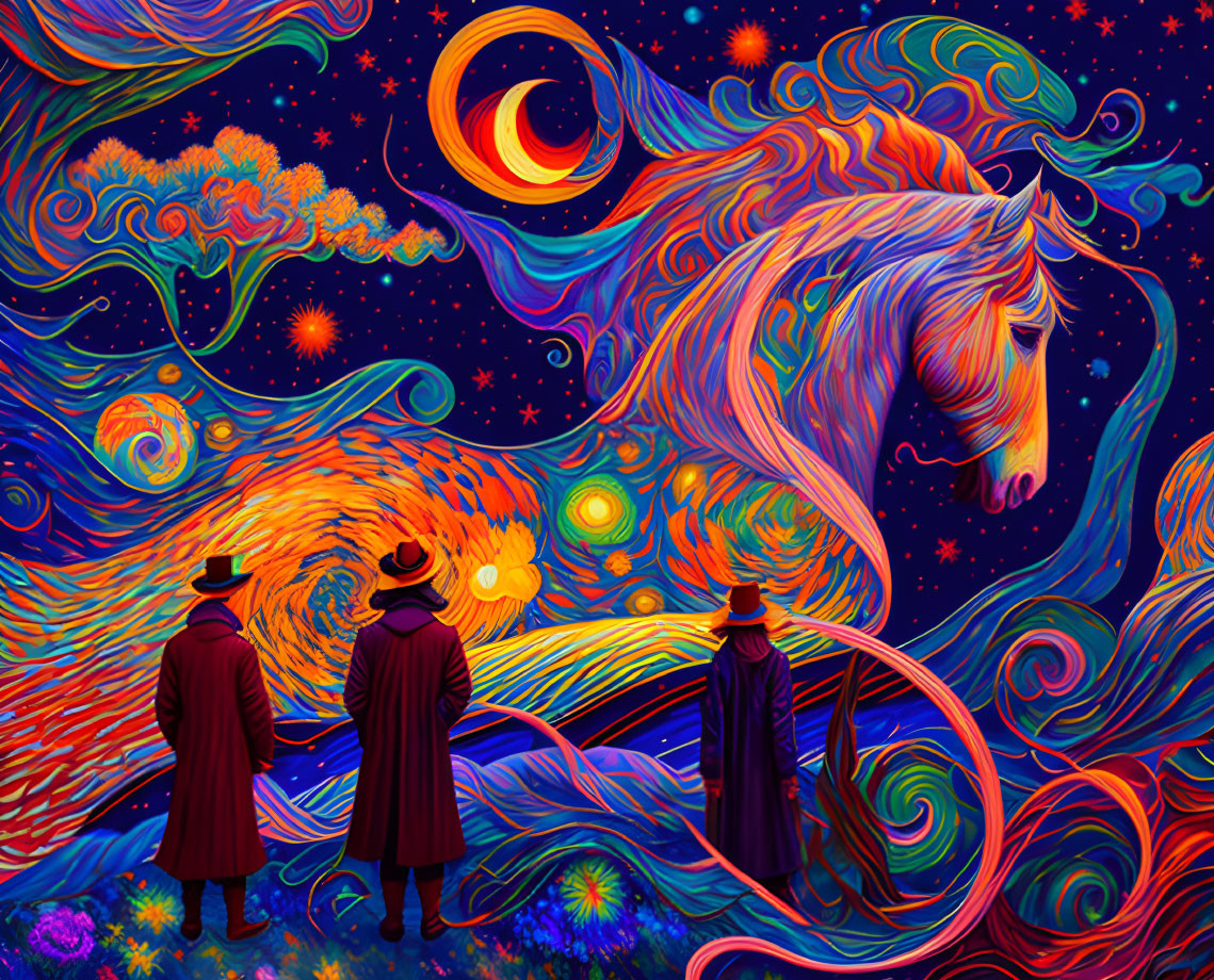 Colorful Psychedelic Art: Figures in Coats and Hats with Majestic Horse