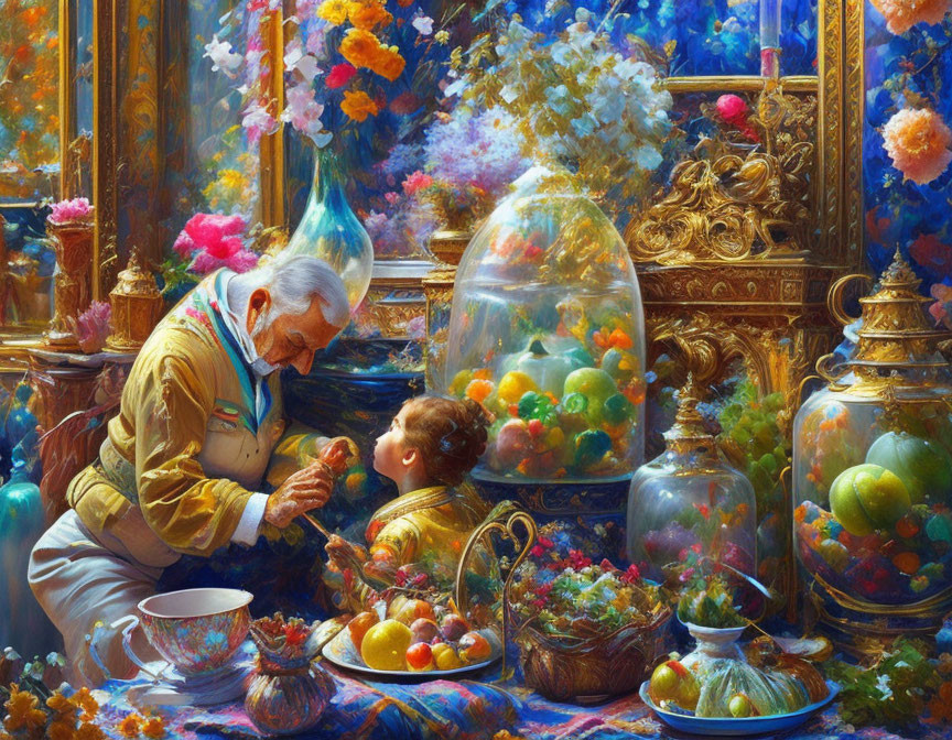 Elderly man and child in vibrant room with colorful decor