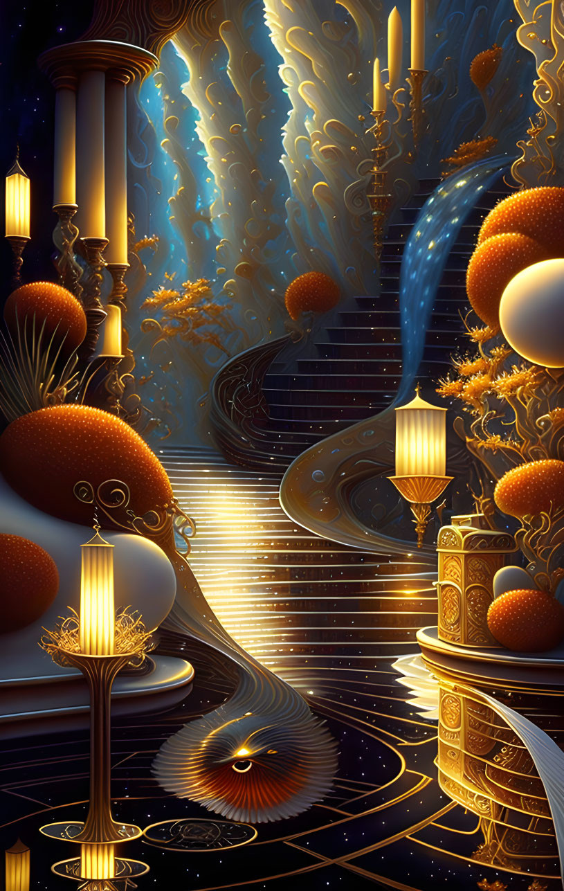 Fantasy artwork with golden staircases, topiaries, lanterns, and starry backdrop