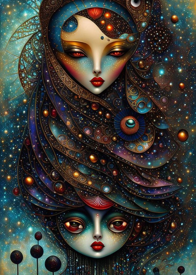 Stylized ethereal female faces with cosmic motifs on starry space backdrop