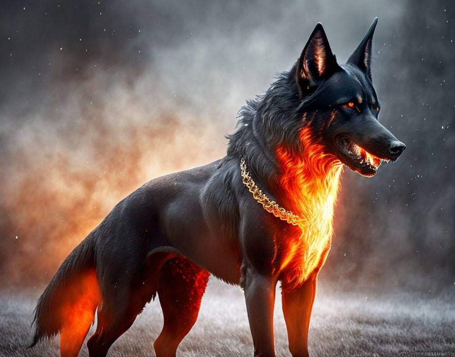 Black Dog with Glowing Orange Neck in Moody Backlit Scene