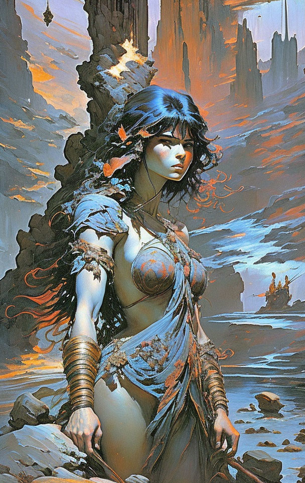 Fantasy artwork of warrior woman in ornate arm bands, blue garment, rocky landscape