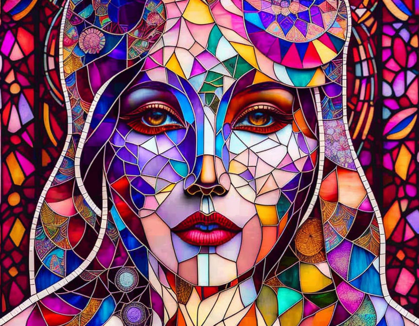 Vibrant Woman's Face Mosaic in Colorful Stained Glass Style