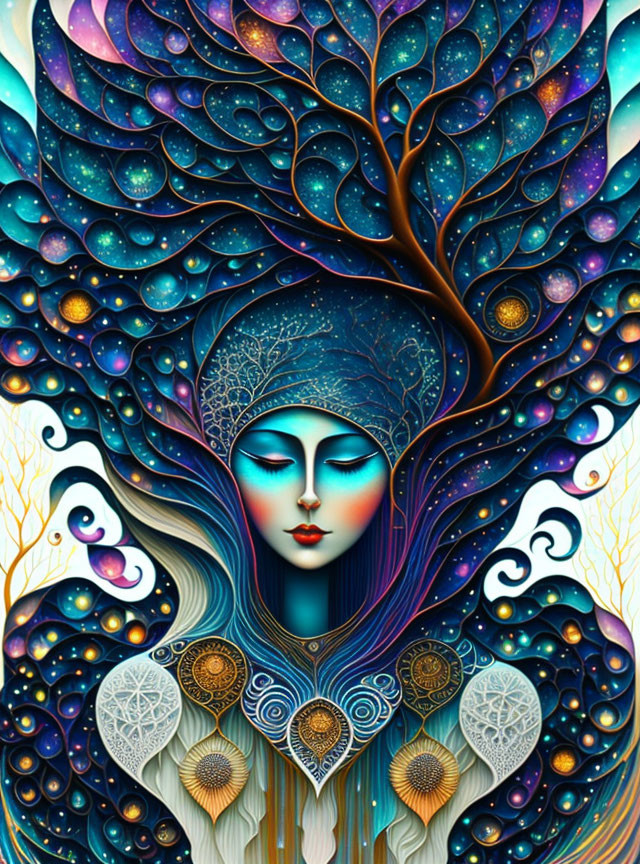 Surreal female figure with cosmic tree hair and celestial motifs