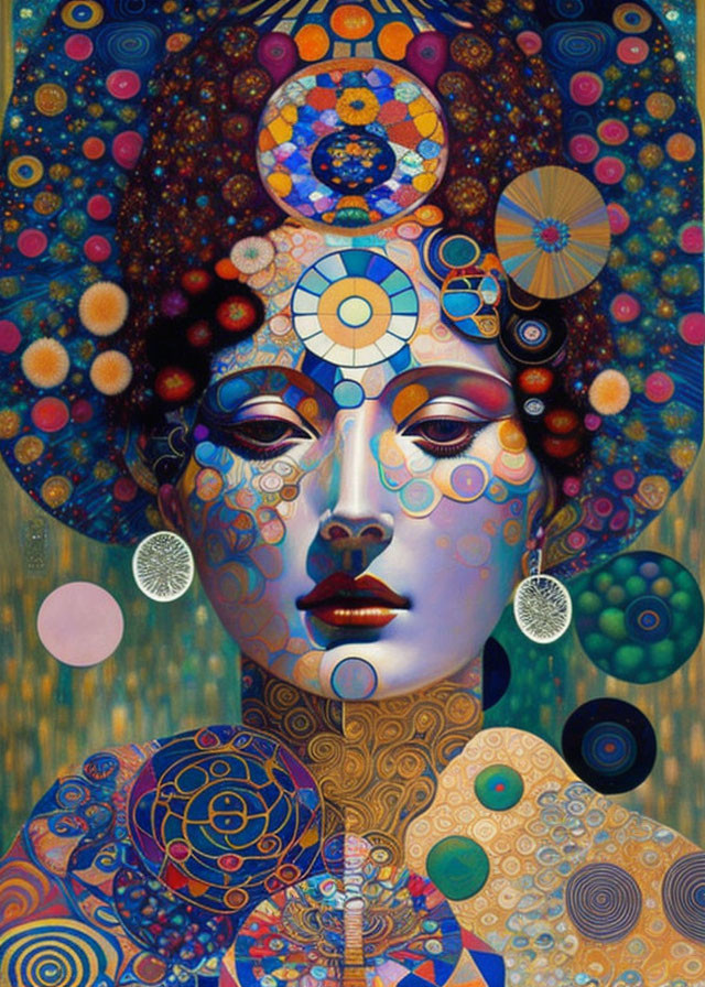 Vibrant figure portrait with psychedelic circles on blue background