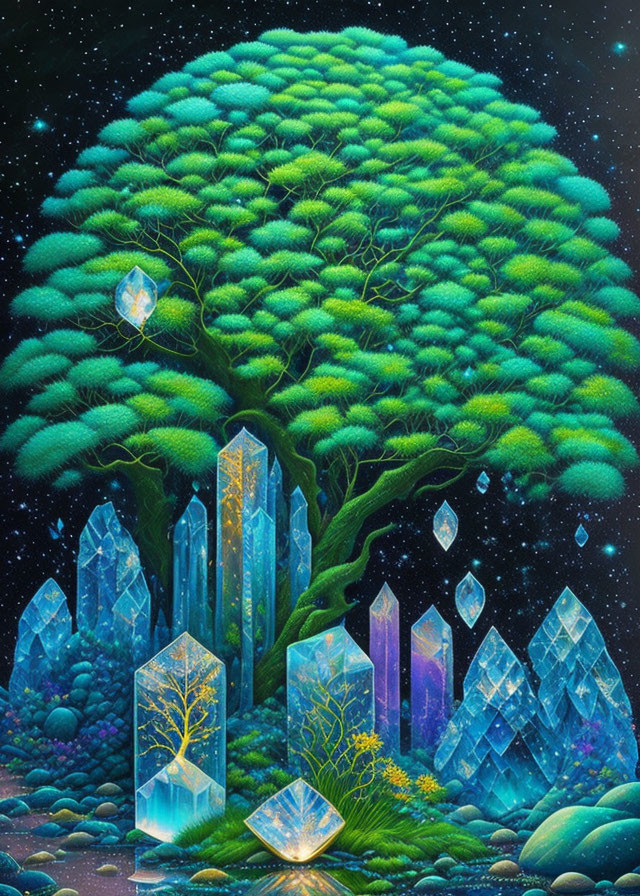 Vibrant painting of lush tree with crystals under starry sky