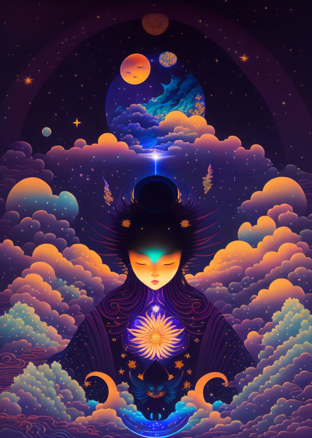 Celestial-themed figure with night sky and cosmic landscape.