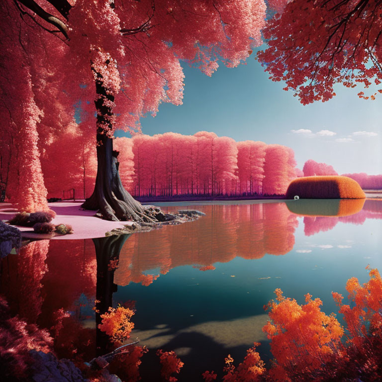 Colorful pink and red foliage reflecting on a calm lake under a clear sky