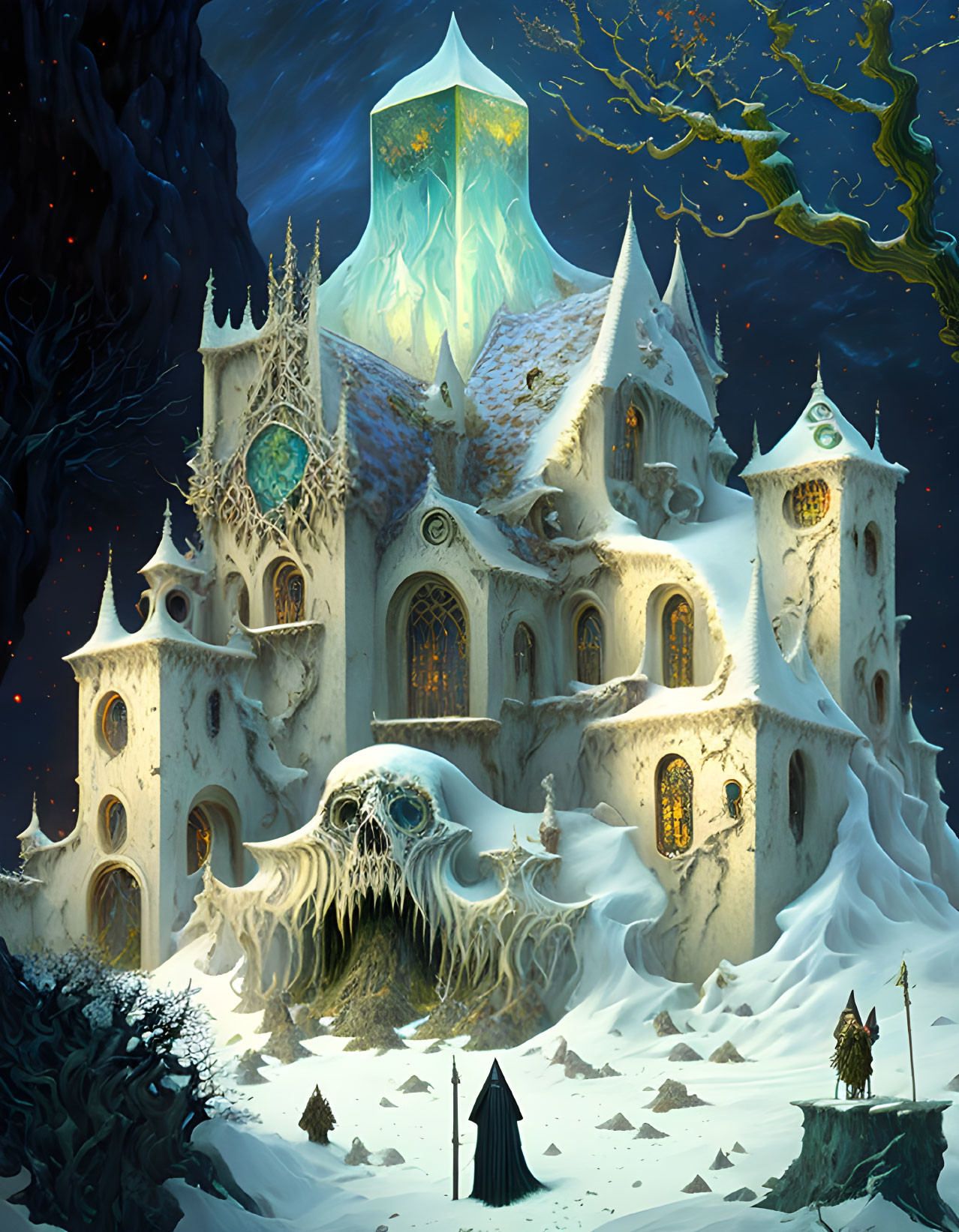 Fantasy castle in snow with warm glowing lights and cloaked figure at night