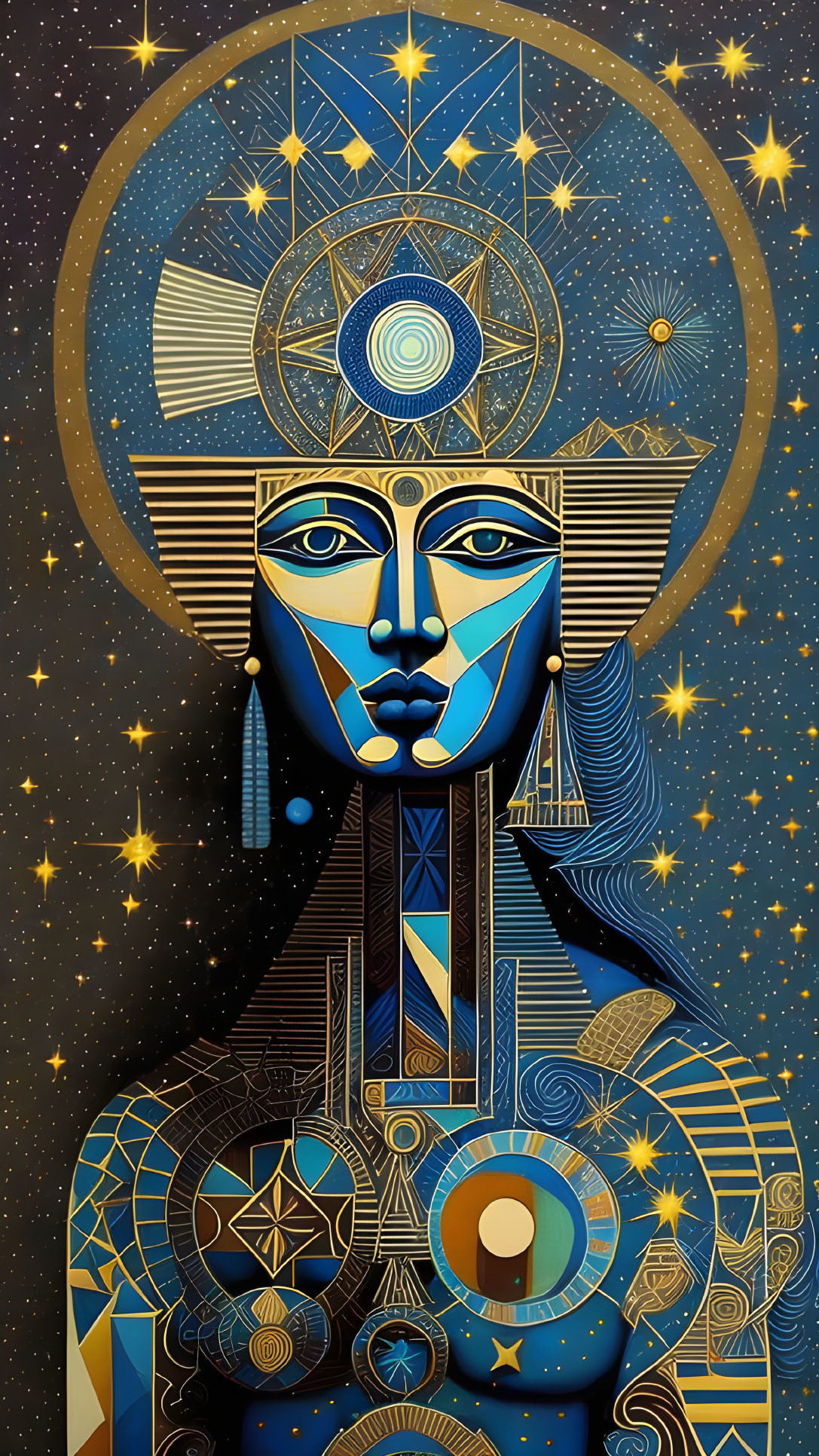 Celestial and geometric motifs on humanoid figure in starry setting