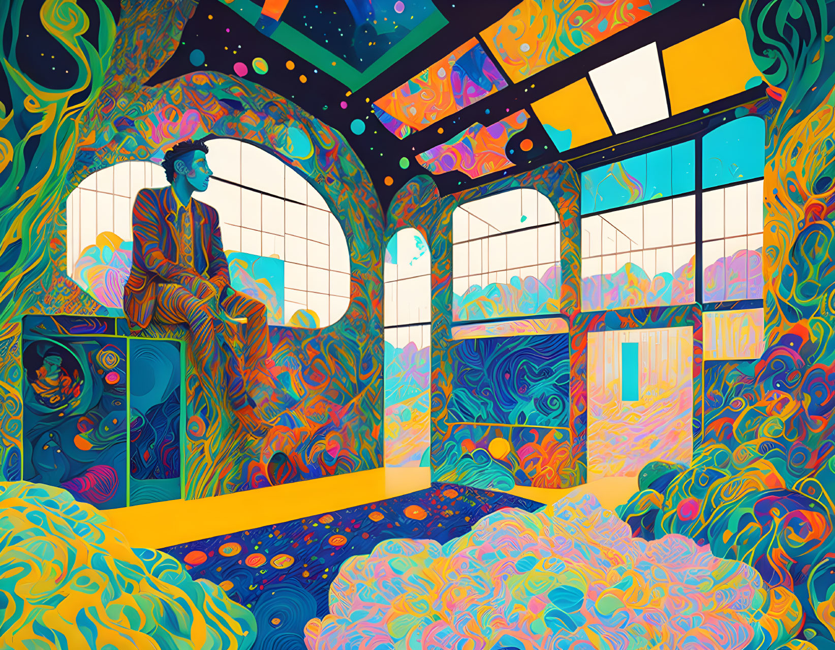 Vibrant psychedelic illustration of person in colorful room