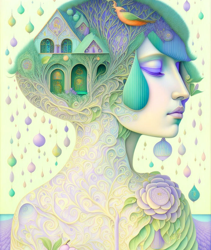 Surreal illustration: person with tree hair, bird, houses, teardrops on pastel