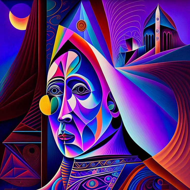 Colorful Geometric Face in Surreal Landscape under Crescent Moon