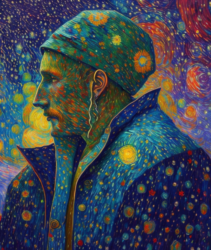 Profile Portrait Painting with Starry Blue and Yellow Background and Blending Jacket