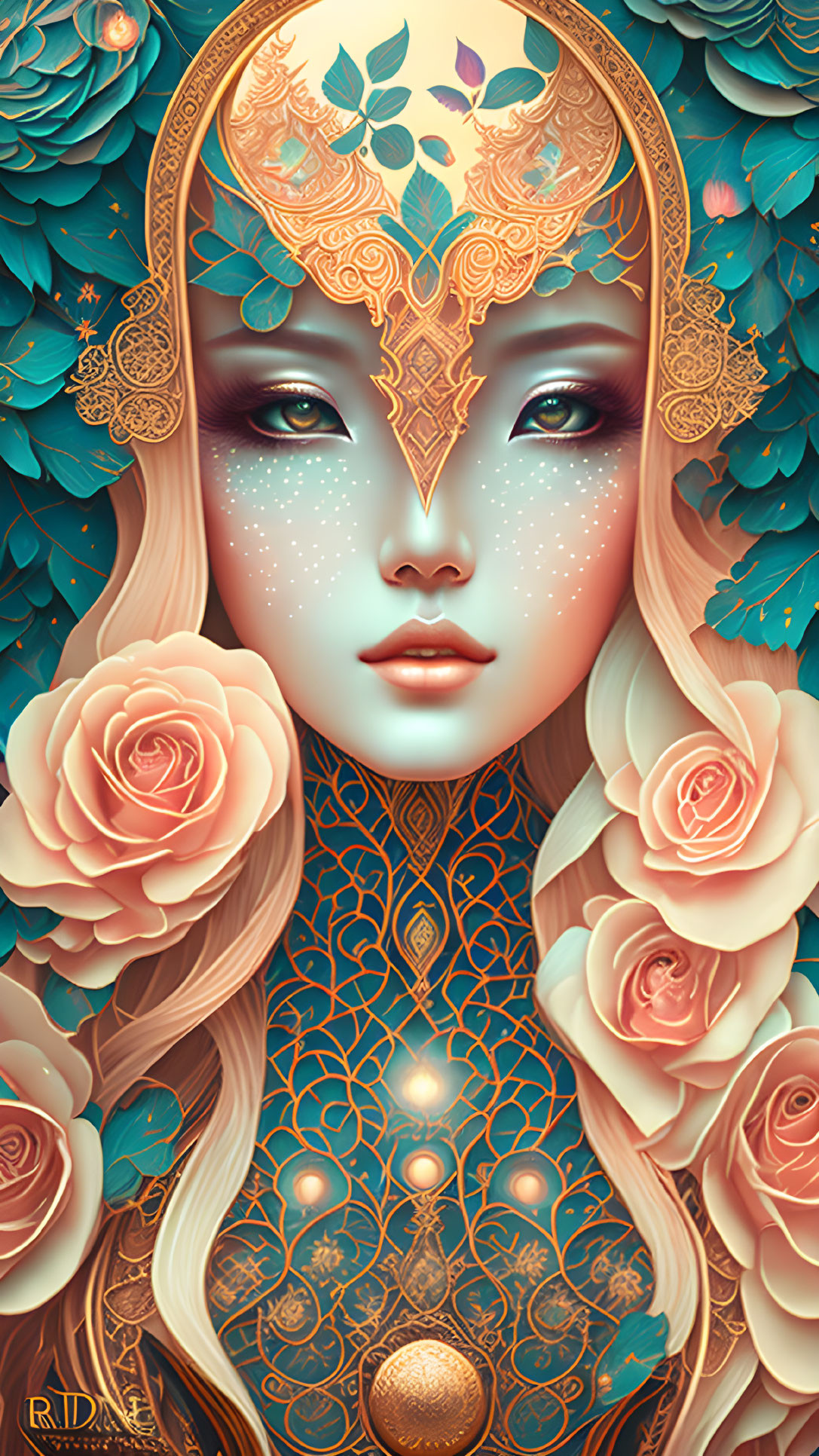 Female Figure with Gold and Teal Headpiece Surrounded by Teal Leaves and Pink Roses