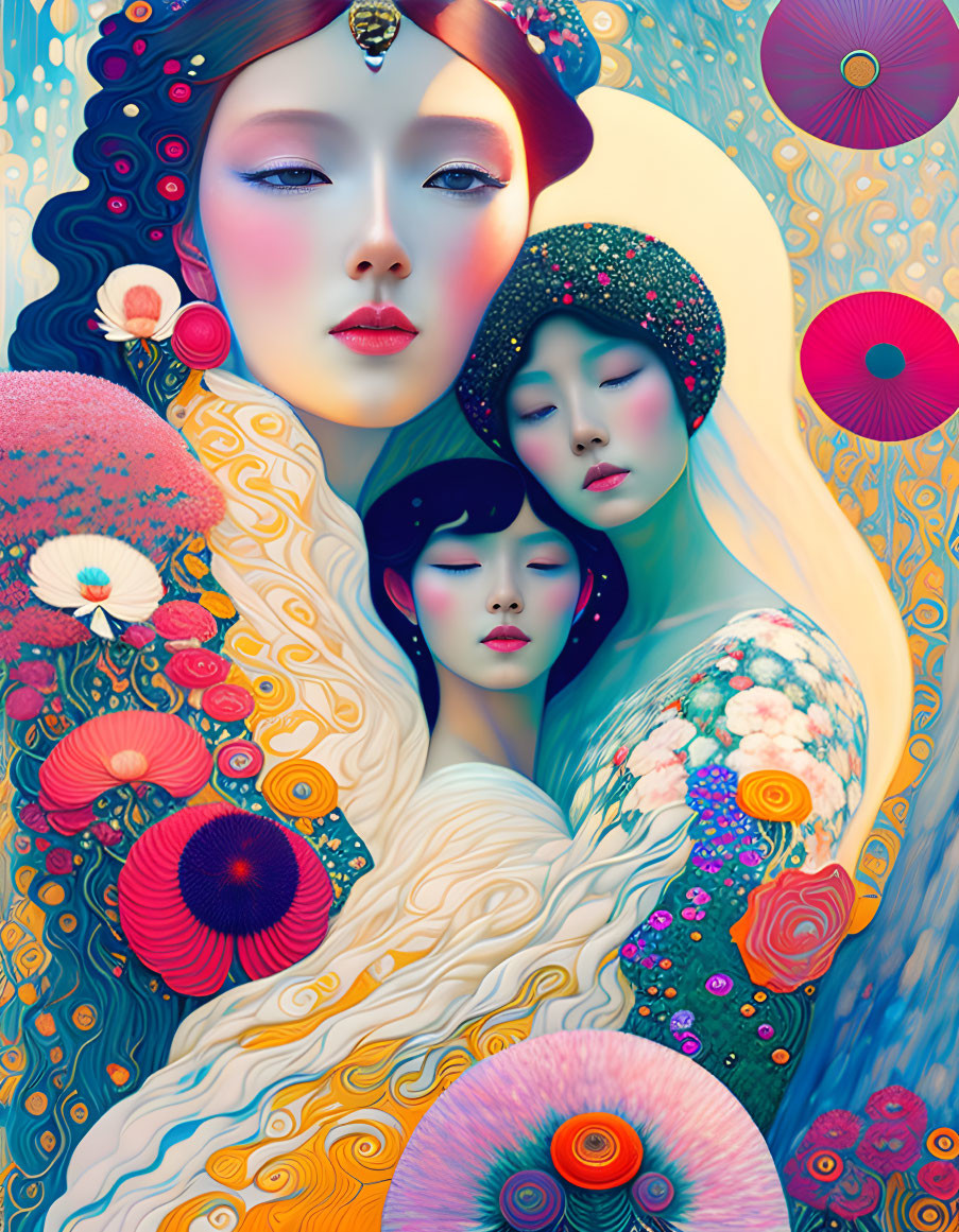 Vibrant illustration of three stylized women with Asian features in dreamlike setting