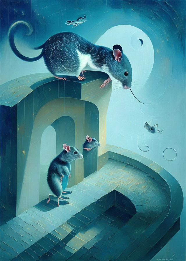 Surreal painting: oversized mice in curved architecture with flying fishes