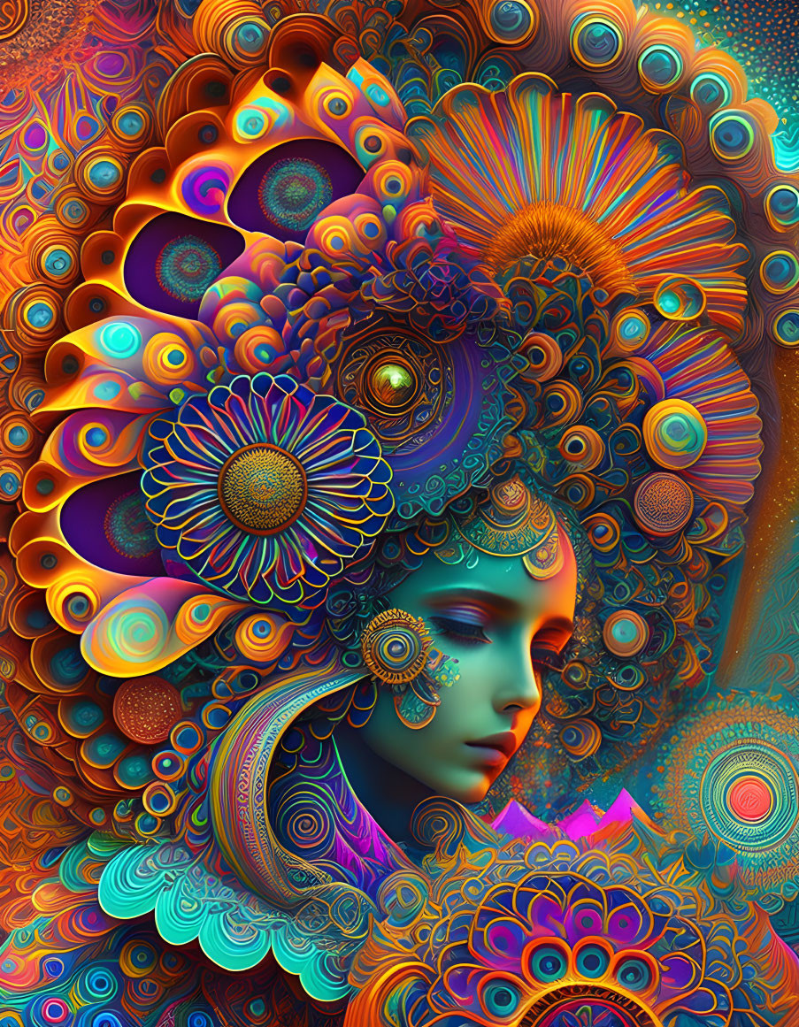 Colorful Psychedelic Female Profile Artwork with Floral and Peacock Motifs