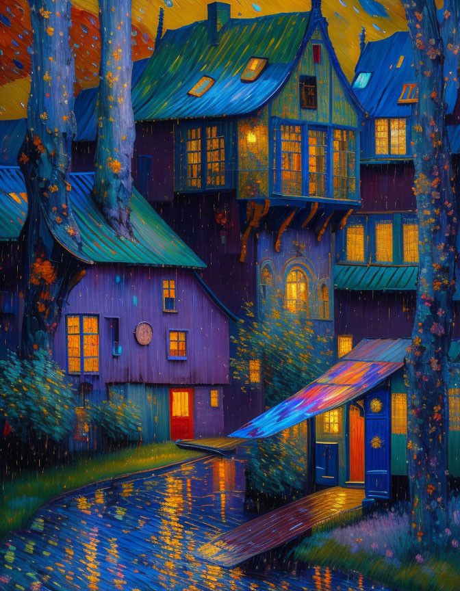 Vibrant whimsical houses in autumn forest under starlit sky