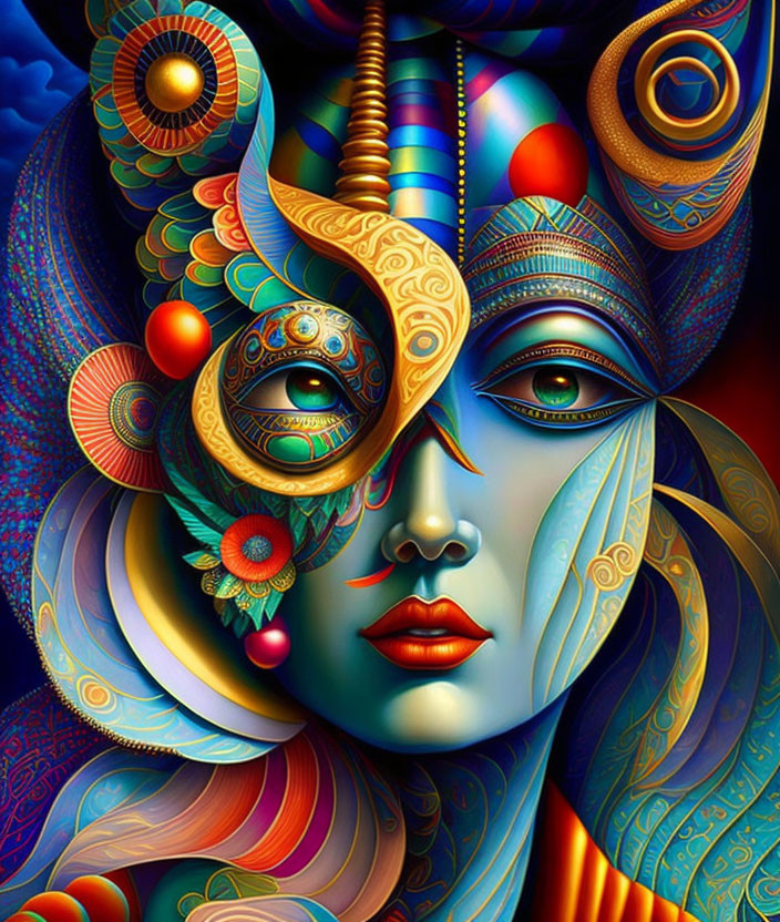 Vivid surreal digital art: intricate masked female face